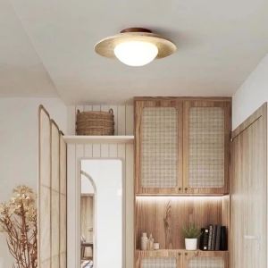 FFBH Resin Vintage Round Ceiling Lights Acrylic Lampshade Simple Balcony LED Ceiling Lights Solid Wood Base Energy-saving Lights 4P7H5