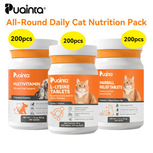 Puainta All-Round Daily Cat Nutrition Pack with Multivitamin Tablets L-Lysine Tablets Hairball Relief Tablets for Skin & Coat & Digestive Health