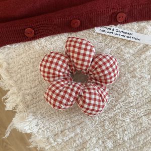 Chun buộc tóc scrunchies bông hoa 5 cánh nhồi bông dây cột tóc đeo tay họa tiết kẻ caro chấm bi Đỏ
