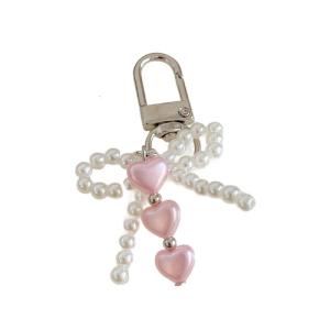 Cute Heart Shaped Key Ring With Pearls Accent Delicate Bowknot Charm Key Holder Charm For Bags Backpacks Gift