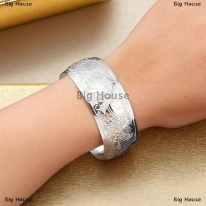 [COD] Big House สร้อยข้อมือสไตล์โบฮีเมียนย้อนยุคสีเงินแบบกว้างสำหรับผู้หญิงสร้อยข้อมือแฟชั่นเปิดดอกไม้แกะสลักเครื่องประดับวินเทจสไตล์โบฮีเมียน