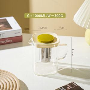 Vision 1L Square Glass Teapot Large Ice Tea Maker Pitcher with Airtight Lid Temperature Resistant Herbal Infuser Hot Tea Maker Stovetop Safe Tea Kettle Borosilicate Glass Tea Pot with Strainer