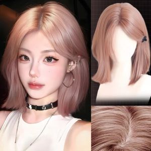 BNUE1 Fashion Short Straight Bob Wigs Pink Natural Synthetic Wig with Bangs Sweet Full Head Cover Women Layered Wigs Ladies