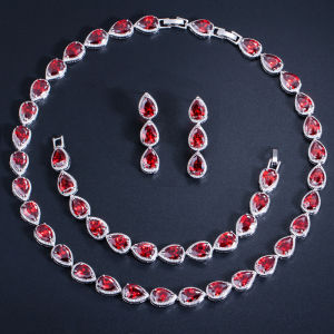 SEQUITO Top Quality White Gold Plated AAAAA Cubic Zirconia Crystal Paved Setting Water Drop Choker Necklace and Hanging Earrings Bracelet Sets Elegant Bride Wedding Jewelry Set SJ294
