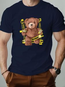 Men T-Shirt 100% Cotton Teddy Bear Cartoon Pattern Print Summer Round Neck Breathable Casual Short Sleeve Fashion T Shirt