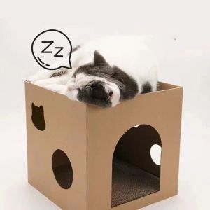 Cat House Kitty Private Space Cat Bed Milk Box House with Free Scratching Board Larg Size Paw Toy [Ready stock]