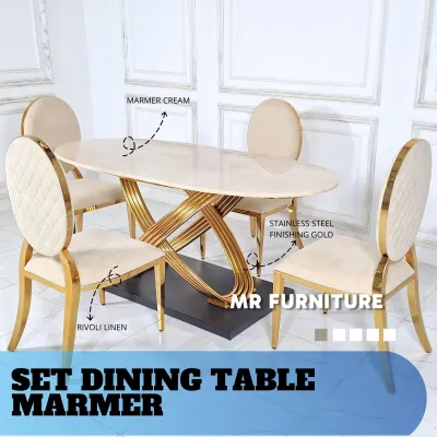 set meja makan marmer krem stainless gold kursi sandara oval empat