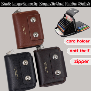 กระเป๋าสตางค์ผู้ชาย ความจุขนาดใหญ่ กระเป๋าสตางค์แบบมีซิป ที่ใส่บัตรแบบหีบเพลง แม่เหล็กคู่ สไตล์เรโทร สำหรับผู้ชาย