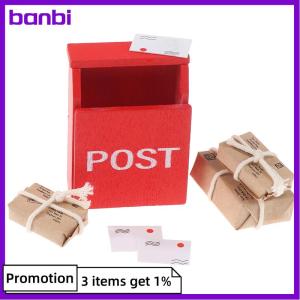 banbi 1Set 1:12 Dollhouse Miniature Letter Box Red Mailbox With Mail Sack Postcard Fairy Garden Door Furniture House Decor Toy