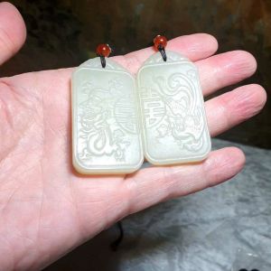 Premium Nephrite old mine light yellowish green old carvings Dragon & Phoenix Double Happiness pendants (set of 2) (with certificate) [Natural Crystal] 和田玉且末老料高青白旧工龙凤双喜(囍)对牌(带证书)