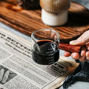 Heat-resisting Glass Espresso Measuring Cup Double Mouth Glass Milk Jug  Heat-resistant Glass Measuring Cup Jigger For Espresso Coffee Ounce Cup With Wooden Handle 70ml/75ml Small Milk Cup