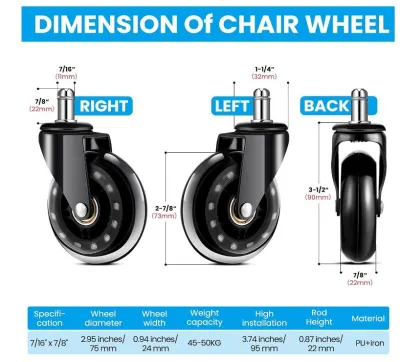 [SG Ready Stock]Office Chair Caster Wheels 3 Inch Universal Mute Whee 5PCS/Set Replacement 60KG Swivel Rubber Soft Safe Rol