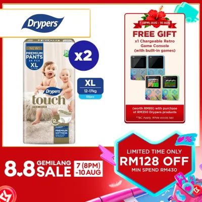 Drypers Touch Pants Baby Pants Diapers M44/ L38/ XL34/ XXL30 (2 Packs) - Super Soft & 12hr Dryness