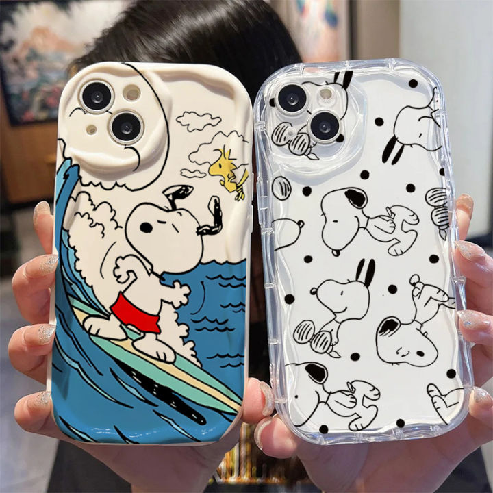 Cellphone Case For iphone 16 15 14 13 Pro Max 16 Plus 13 Mini Casing Cute  Black White Lines Snoopy Soft Cartoon Cream Wavy Edge TPU Camera Protective 