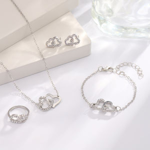[ Premium Selection ] European and American Light Luxury Jewelry Four-Piece Set   Minimalist Double Heart Necklace   Niche Minimalist Style Heart Bracelet Set