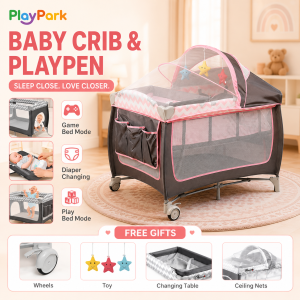 PlayPark Baby Rocking Crib Folding Swing Crib With Mosquito Net And Diaper Table Childrens Play Bed