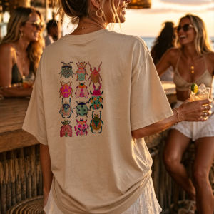 [Local Stock] HBESTY  Colorful Beetle Print Short Sleeve Crew Neck Relaxed Fit Cotton Tee Beige Grid Pattern Symmetrical Casual Streetwear Casual Top