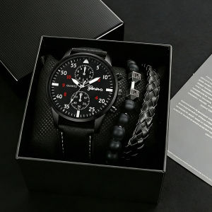 Men Quartz Watch Set 3PCS Leather Strap Wristwatch Bracelet Rope Gift Casual Style⚡PH deliveryIn stock⚡
