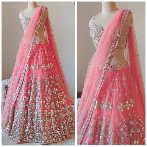 [PRE-ORDER] Semistitched Soft Mono Heavy  Embroidery Foil Mirror Lengha (10-15 days delivery)