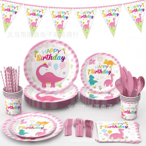 Party Decoration Set Childrens Birthday Party Pink Dinosaur Theme 9 Inch 7 Inch Plate Tissue Tablecloth Flag