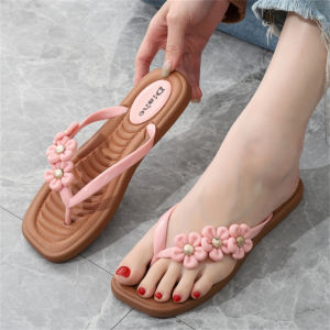 Summer Essentials Sandals for Women Pearl 3D Flower Flip Flops Beach Pool Bathroom Slippers Non-Slip Lightweight Cute