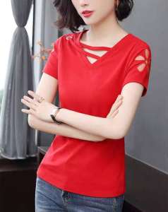 V-neck Blouse Plus Size Womens Summer Hollow Loose Short-sleeved T-shirt