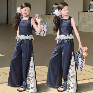 Children New Summer Denim Suit with Lace Girls Fashion Clothing Set Street Sleeveless Outfit Kids Elegant Navy Color Tracksuit