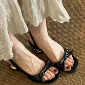 [Free Shipping] Niche Gentle And Retro-Style Bow-Adorned Chunky-Heeled Open-Toe Sandals For Women 2026 Summer New Collection Perfect With Dresses