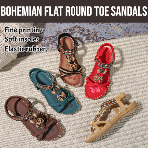 2025 Yasrun New Bohemian Flat Round Toe Sandals For Women Womens Summer Sandals Comfortable Flats Ethnic Style Holiday Beach Shoes Slip-On Flats