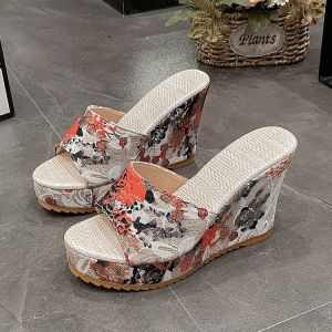 [Free Shipping] New Summer Collection: WomenS High-Heeled Wedge Sandals With A One-Strap Design Featuring A Fish-Mouth Opening Thick Soles And A Snake-Pattern Color-Block Design