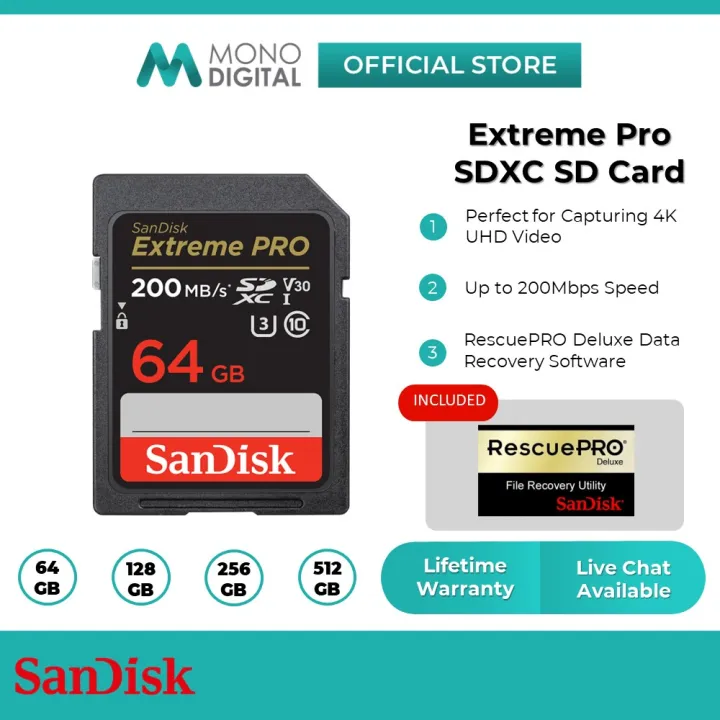 SanDisk Extreme Pro SD CARD (32GB / 64GB / 128GB / 256GB / 512GB) 200MB/s Memory Card Class 10 U3 V30 4K UHS-I SDXC (SDSDXXG/SDSDXXY)
