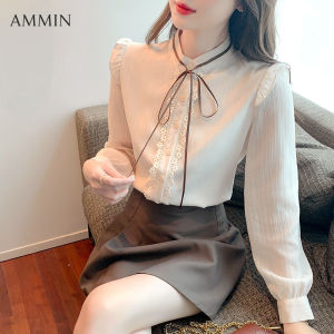 Ammin Mùa Thu Khí thời trang mới nối ren dây nơ Dài Áo Có Tay Cho Phụ Nữ 2023 Mới Lỏng Lẻo Lỏng Lẻo Và Linh Hoạt Xù tay áo bong bóng Áo Voan