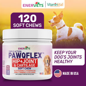 Enervets PawQFlex Dog Joint Supplement with Turmeric & MSM - Glucosamine Mobility Soft Chews for Pets - 120 Chicken Flavoured Pet Dog Treats
