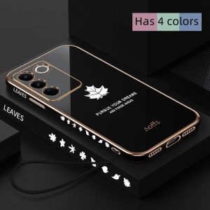 Case Vivo V27 Pro V27E 5G Motif Daun Maple Free Tali Lanyard Silikon Plating List Gold Chrome Soft Casing Handphone