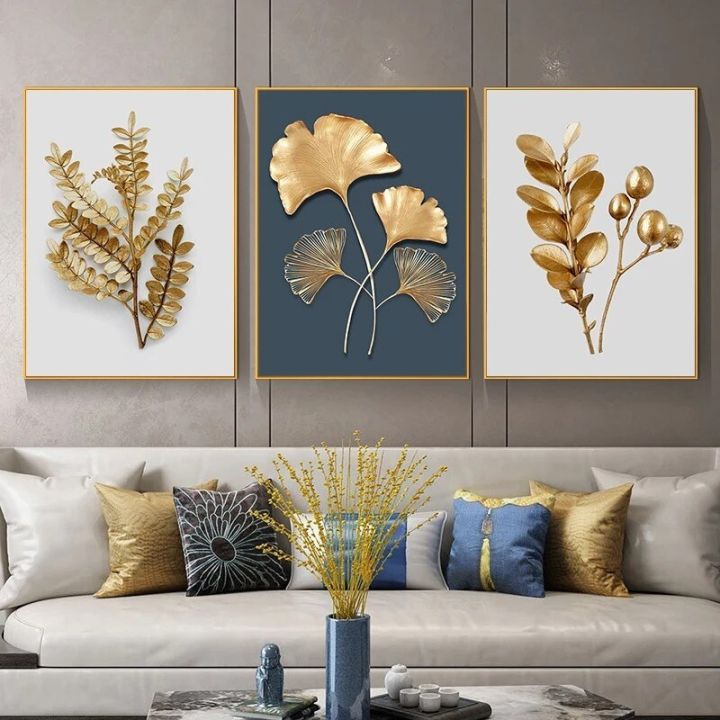 Flower Plants Golden Leaf Canvas Poster Painting Modern Abstract Wall ...