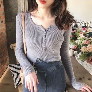 AN-921 Female Korean Style Fashion Base Sweater Shirt Tops Solid Color V-Neck Long Sleeve Slim Fit Slimming Versatile Casual Knitted Blouse For Women autumn winter