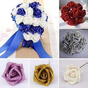 DFHSFGER DIY Bride Bouquet with Glitter Powder Blue Roses Decoration Foam Roses Artificial Flowers Artificial Roses
