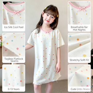 AILEBE Kids Dresses OOTD Pambahay Ice Silk Sleepwear Dress Ang Lambot At Presko For PH Hot Nights Tagless Flatlock Seams No Skin Rub Durable 4-  Stitching Cute Prints Perfect For Sleepovers Indoor Play Baby Girls 0-13 Years Old