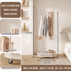 YANASO Mobile Clothes Rack Bear Ear Garment Stand Storage Basket Hooks Brake Casters Kids Adult Bedroom Organizer