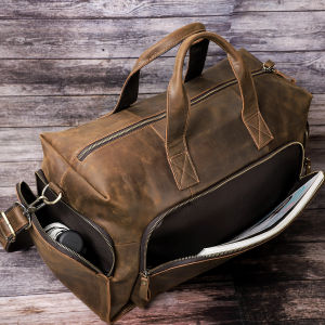 CONTACTS Vintage Luggage Bag Crazy Horse Leather Shoulder Messenger Bags for Men Travel Totes Bag for 14" Laptop Large Capacity