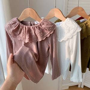 1-12Years Long Sleeved Shirts Childrens Spring Knitted Tops Babys Lace 2026 Lace Base Shirt Korean Girls Ruffle Collar T-shirt