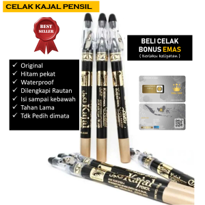 Dapat cantiknya dapat investasinya Celak Kajal Pensil Waterproof Warna Hitam Original dengan rautan Made In P.R.C Bonus Emas