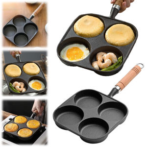 [Arrived within 3 days] 4-Hole Egg Burger Ham Pan Wooden Handle Non Stick Egg Pancake Steak Cooking Pan Suitable for Gas Stove Induction Cooker
