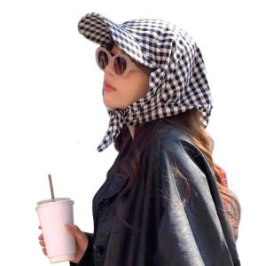 หมวกคลุมหัวลายตาหมากรุกสไตล์เกาหลีหมวกหมวกบังแดดลายตารางหมากรุกระบายอากาศสำหรับสวมใส่ในชีวิตประจำวันการถ่ายภาพสตรีทในวันหยุดฤดูใบไม้ผลิ