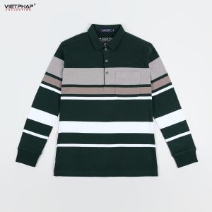 Áo Polo Nam VIỆT PHÁP Form Luxury - Thun 4 Chiều Sọc Túi Dài Tay lịch lãm sang trọng 23002