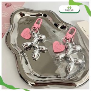 Móc khóa charm chó bóng bay kèm trái tim hồng cute – Set 2 cái – Trang trí túi xách balo chìa khóa