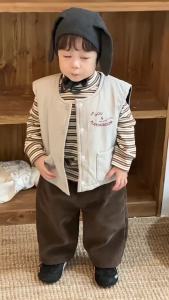 Korean-style childrens clothing 2025 Autumn and winter baby vest Korean style childrens clothing boys striped thickened set