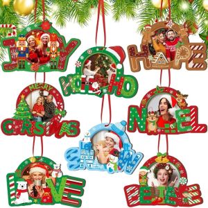 SQMETR 8/10Pcs Snowflake Shape Christmas Tree Picture Frame Ornaments Wooden DIY Christmas Tree Pendant  Holiday Decorations Christmas Party