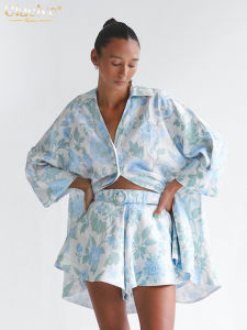 Fashion Loose Print Shorts Sets For Women 2 Pieces Elegant Long Sleeve Shirt With High Waist Shorts Set Female