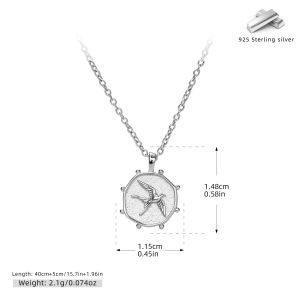 Cross-border Hot Selling S925 Pure silver necklace with vintage swallow relief round pendant clavicle chain light luxury niche versatile silver jewelry